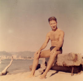 [Joseph Selsey wearing bathing suit at a Vancouver beach]