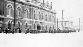 103rd Batalion C.E.F. pulling supplies on sled on Douglas Street, Victoria, B.C. to Drill Hall (C...