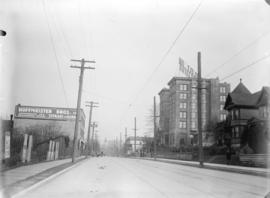 [View of Pender Street looking west, showing Elysium Hotel and Hoffmeister Bros. garage]