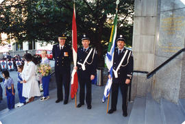 Honour Guard, Vancouver Department Colour Party holding flags on City Hall steps