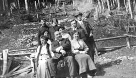[The Trythall family in clearing near cabin on Grouse Mountain]