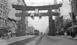 [Japanese arch near Hastings Street and Main Street erected for visit of Duke and Duchess of Conn...