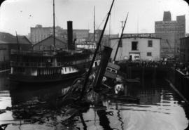 [Capsized boat "Ballena" at Union Steamship dock]