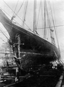 [Yacht "Casco" in dry dock at Vancouver shipyards]