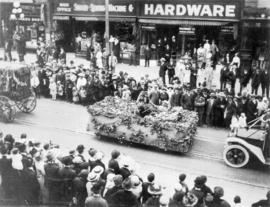 [Unidentified float covered with plants in the 600 Block of Granville Street during a Victoria Da...