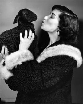 Lady in fur coat holding a black lamb