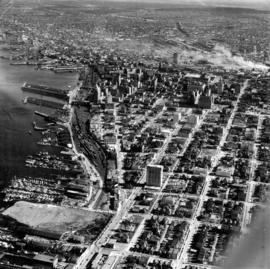 [Aerial view of Vancouver looking east]