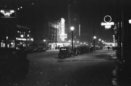 [Georgia Street at night looking west from Richards Street]