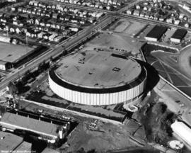 Aerial view of partially completed construction of Pacific Coliseum