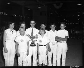 Award winners pose with Challenge trophy from 1957 P.N.E. 4-H and Future Farmers of Canada compet...