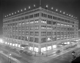 [Hudson's Bay Company alight on the northeast corner of Georgia Street and Granville Street]