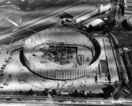 Aerial view of partially completed construction of Pacific Coliseum