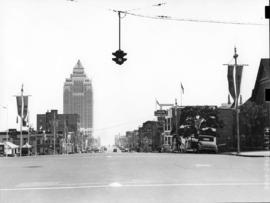 [Street banners on Burrard Street at Georgia Street for visit of King George VI and Queen Elizabeth]