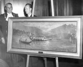 [Mayor Fred J. Hume and Ronald S. Ritchie behind painting of Captain George Vancouver's boats]