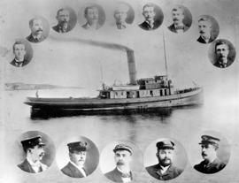 [Tugboat "Lorne" surrounded by head and shoulder portraits of men]