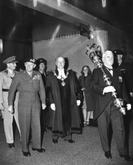 Field Marshal the Viscount Montgomery of Alamein, G.C.B. leaving the Council Chamber, City Hall, ...