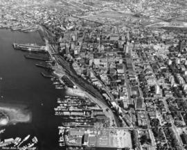 Aerial photograph of downtown Vancouver and Burrard Inlet waterfront