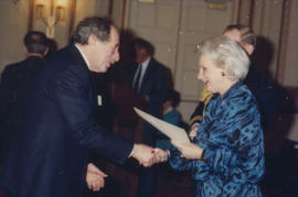 Jeanne Sauvé presents award to Harry Rankin