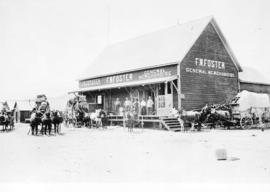 [Stage coaches on their way to the Cariboo parked around F.W. Foster's general store]