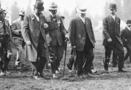 [General Baden-Powell and John James Miller enter Hastings Park for the inspection of the 1st Van...