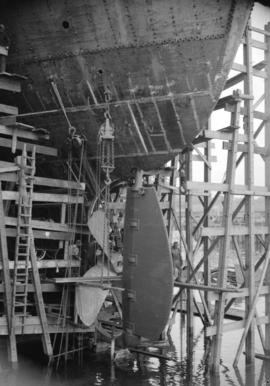 [View of rudder and propellor of a ship at Burrard Drydocks]