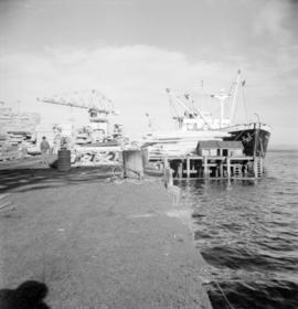 [View of the wharf at H.R. McMillan Co. with the "Harmac Alberni" in dock]