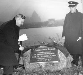 [Colonel William Dray unveils the "Hallelujah Point" plaque commemorating the Salvation...