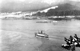 [View of steamship entering the narrows]