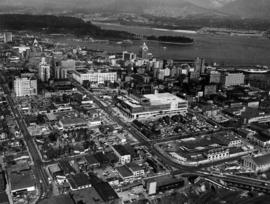 Aerial view of the downtown core, post office under construction