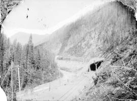 Snow shed and tunnel, Illecillewaet Canyon, Selkirk Mts.