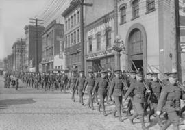 29th Battalion and Yukon Detachment [troops marching down Pender]