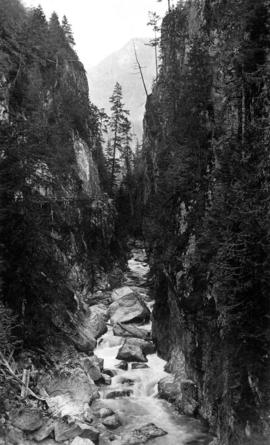 Capilano Canyon showing flume and collapsed flume portion left foreground