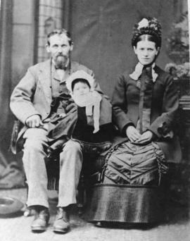 [Studio portrait of John Morton, his first wife Jane Morton (nee Bailey) and their daughter Eliza...