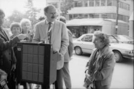 Mike Harcourt and Theresa Galloway at drinking fountain inauguration