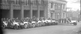 [Vancouver Fire Hall No. 2 (754 Seymour St. - Headquarters) with firemen and fire engines in fron...