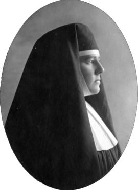 [Daisy D'Avara, actress, profile portrait in role of a nun]