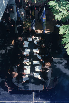 View from above of reenactment of Vancouver's first City Council meeting at 12 Water Street