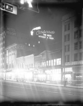 [Illuminated sign for Cascade Beer, located on top of Regent Hotel on East Hastings Street]