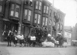 [Decorated Red Cross Brewery carts in the 400 block Cordova Street - north side]