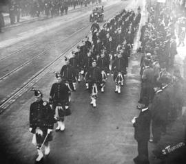 [Seaforth Highlanders Cadet Battalion No. 72 church parade on Granville Street crossing Georgia S...