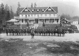 B.C. horse at Capilano [mounted horsemen in front of Canyon View Hotel - North Vancouver]