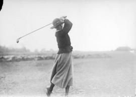 [Mrs. D.S. Montgomery teeing off at the Jericho Country Club golf course]