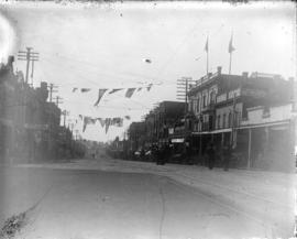 [Columbia Street, New Westminster, decorated with banners and flags for visit of Duke and Duchess...