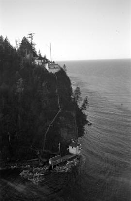 [View from the Lions Gate Bridge of Prospect Point signal station, lighthouse and boathouse]