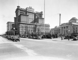 [View along Georgia Street, looking east from Hornby Street, showing Court House, Hotel Vancouver...
