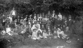 [Mount Pleasant Presbyterian Church summer camp group, assembled under trees at Greer's Beach (Ki...