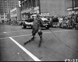 Clown on skis in 1953 P.N.E. Opening Day Parade