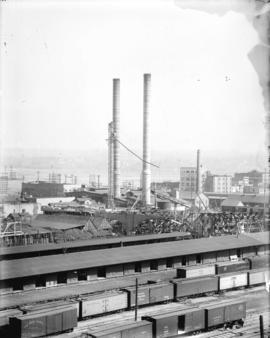 [View of partially constructed Georgia-Harris viaduct, showing G.N.R. freight tracks, sheds, and ...