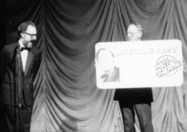 Hugh Pickett receives lifetime pass to the Arts Club Theatre from Bill Millerd