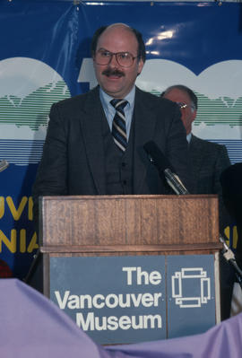 Mike Harcourt speaking at Vancouver's 99th birthday celebration at the Vancouver Museum